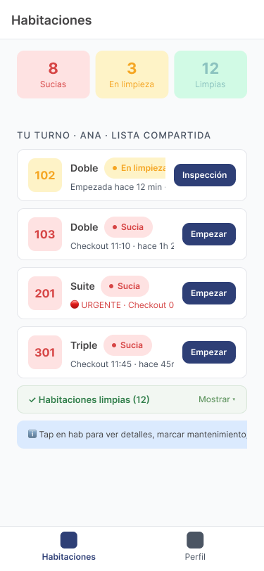 Housekeeping screen of the Dashy PMS app
