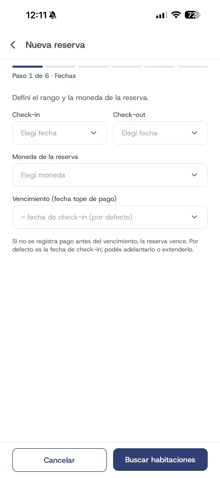 Primer paso de una reserva nueva en la app de Dashy: fechas, moneda y vencimiento