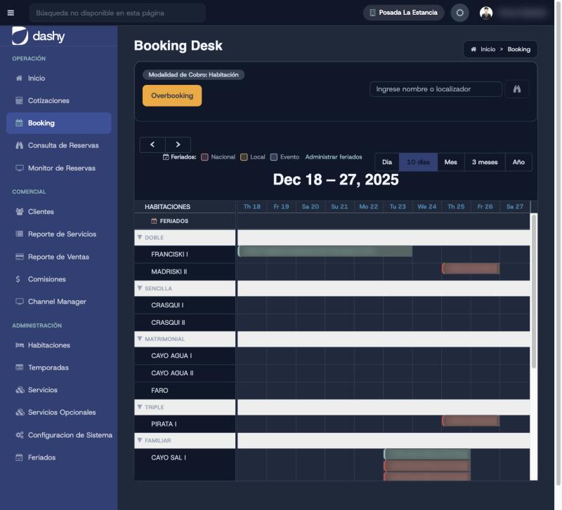 Booking Desk de Dashy en modo oscuro