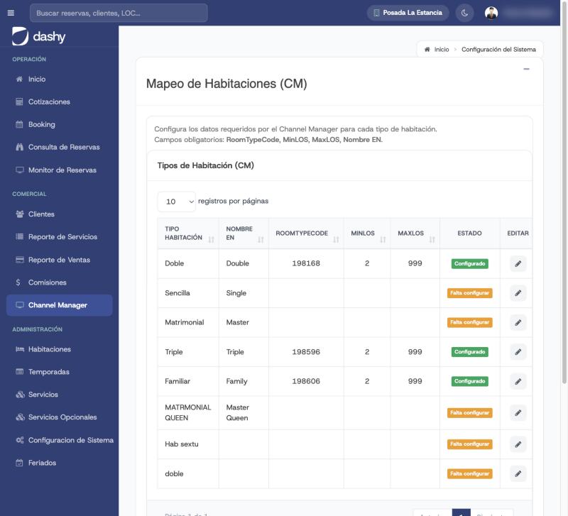 Mapeo de tipos de habitación a los códigos del canal en el Channel Manager de Dashy
