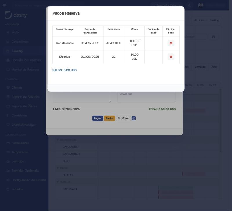 Pagos registrados en una reserva de Dashy, con forma de pago, referencia, monto y saldo